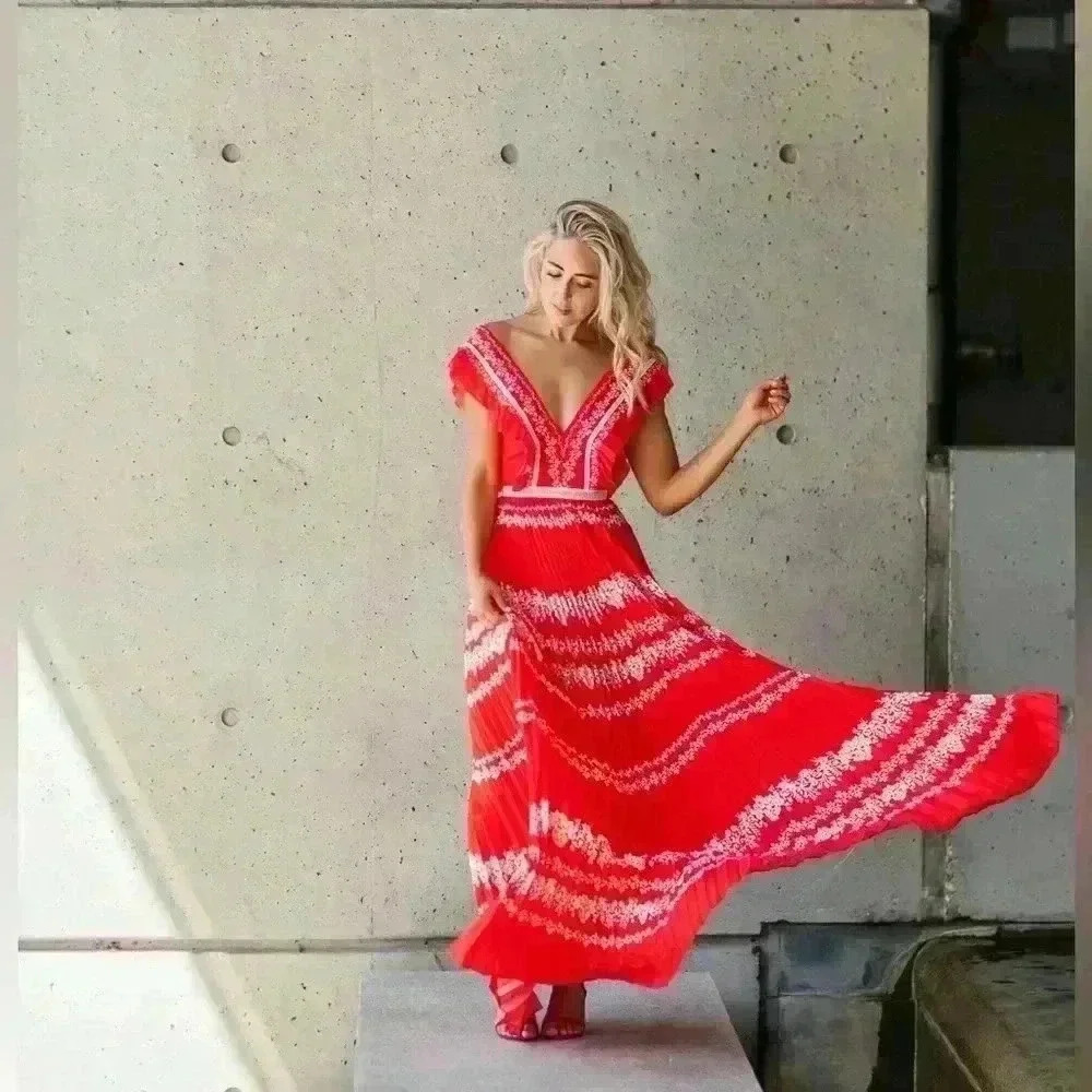 Self-Portrait Flower Spell Chiffon Ruffle Pleated Maxi dress Size UK4 US0​ - Picture 3 of 10